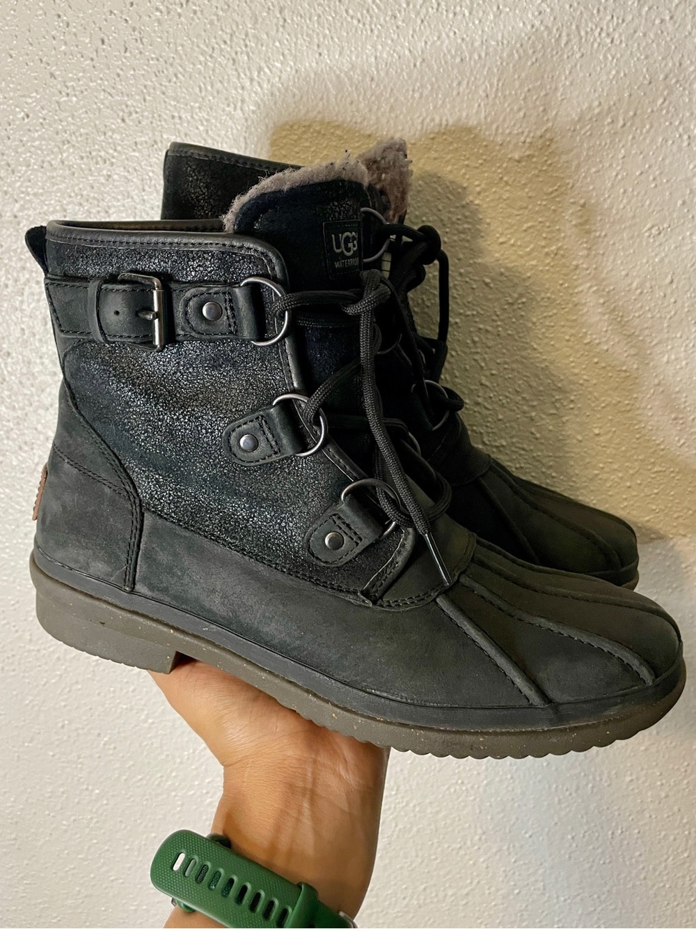 UGG Cecile Waterproof Lace Up Combat Moto Outdoor Black Boots